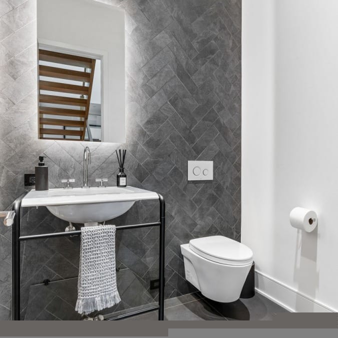 Powder Room with LED Backlit Mirror and Wall Hung Toilet Powder Room with LED Backlit Mirror and Wall Hung Toilet