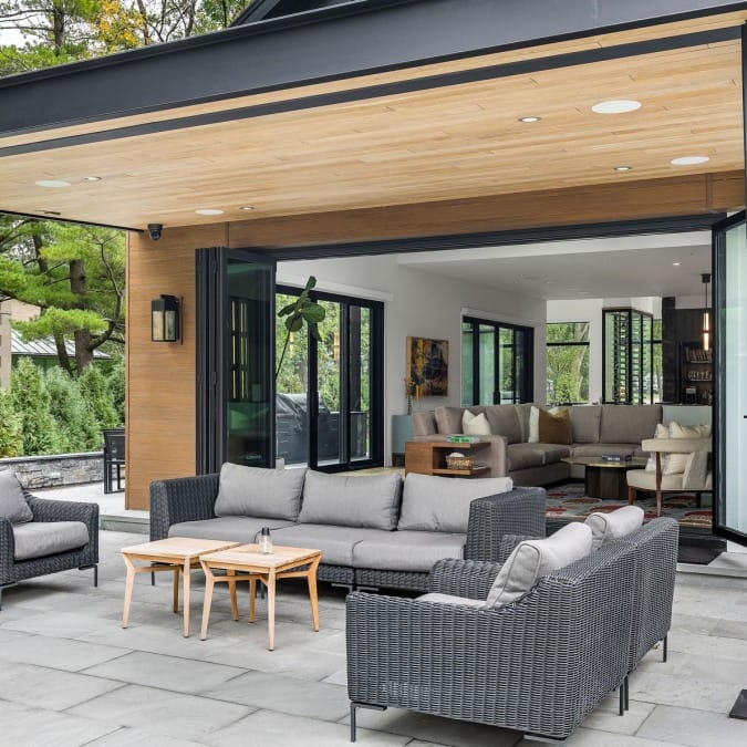 Engineered Plank Ceiling with Recessed Lighting on Outdoor Patio Engineered Plank Ceiling with Recessed Lighting on Outdoor Patio